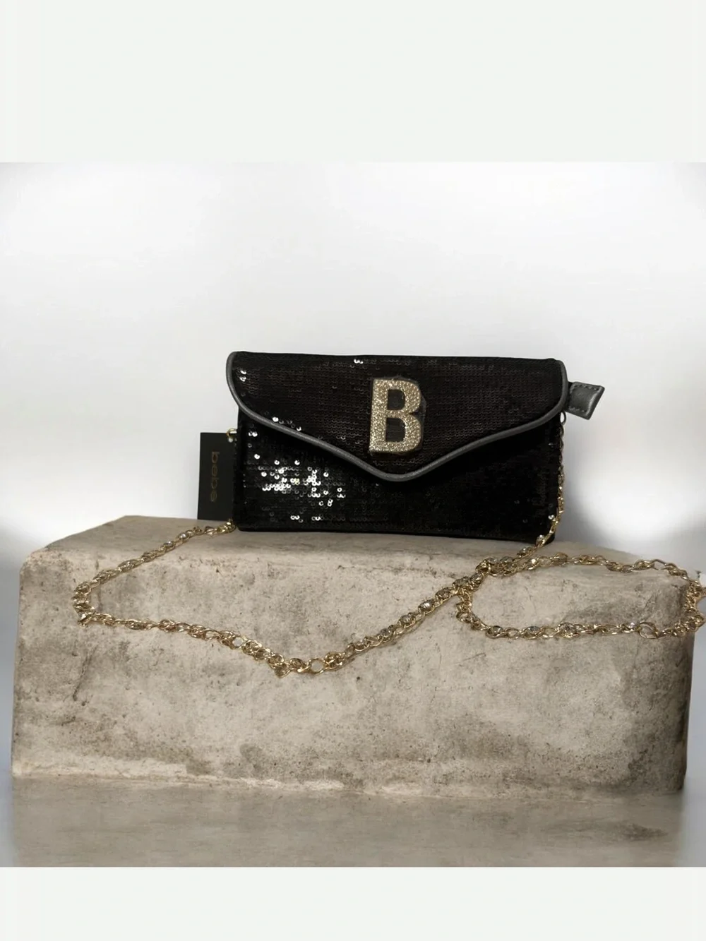 Bebe Black Sequin Clutch with  Gold embellished chain and Gold 'B' Emblem